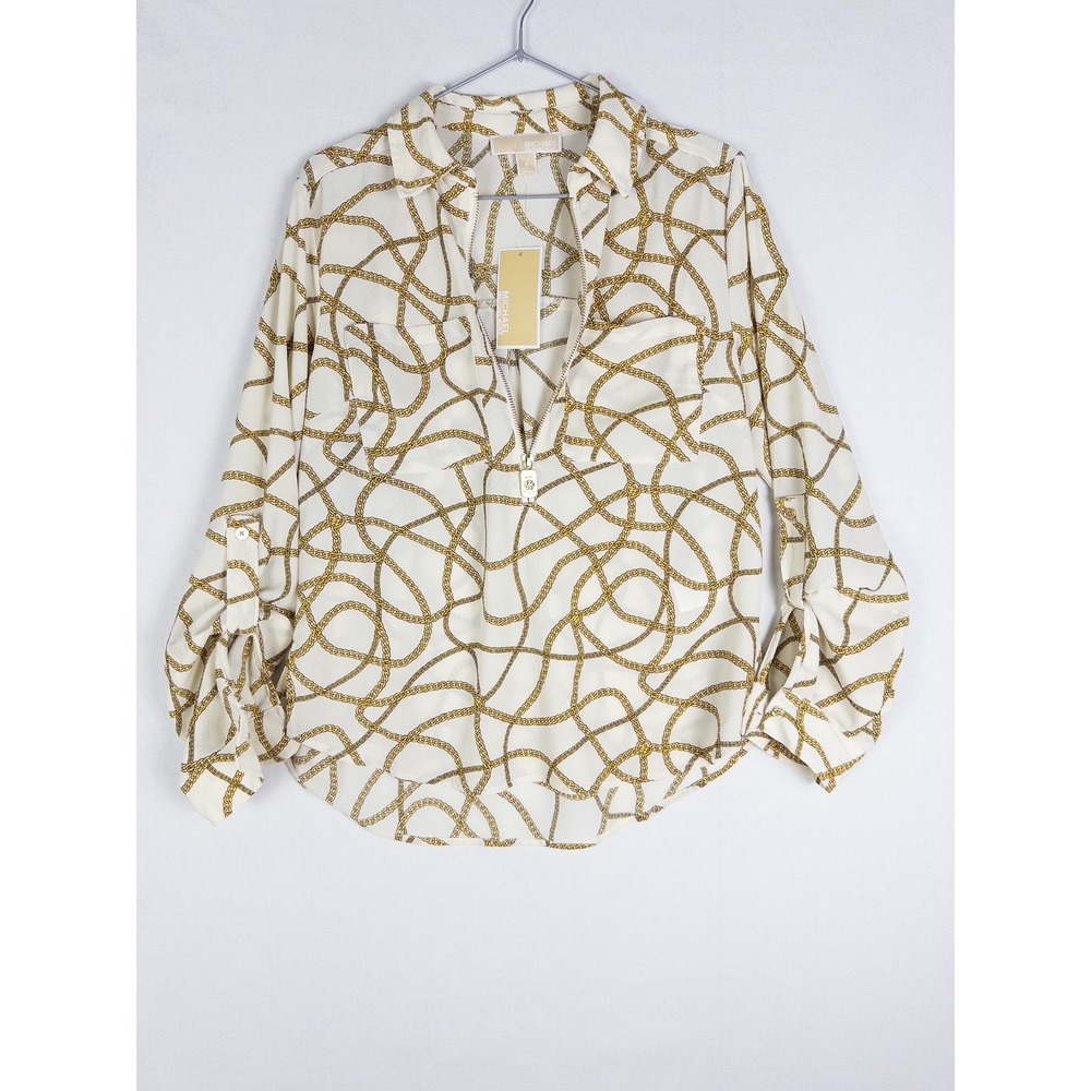 NWT Michael Kors Shirt Womens S Half Zip Bone Gold Chain All Over Print